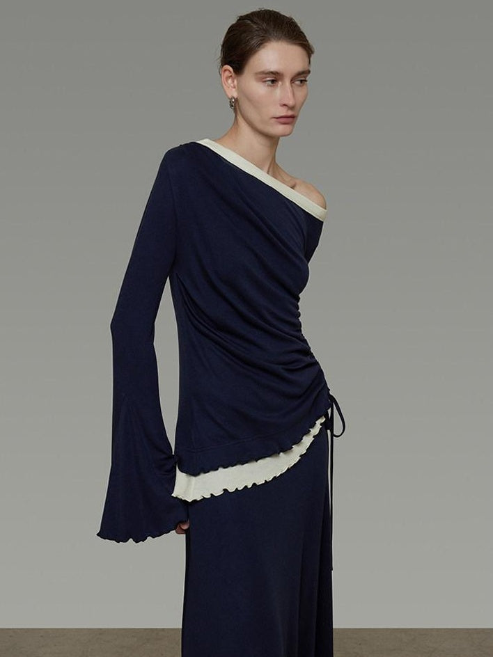 unspoken Navy Tencel Slim Fit Knit Round Neck High Waist Casual Women Top & Skirt Sets