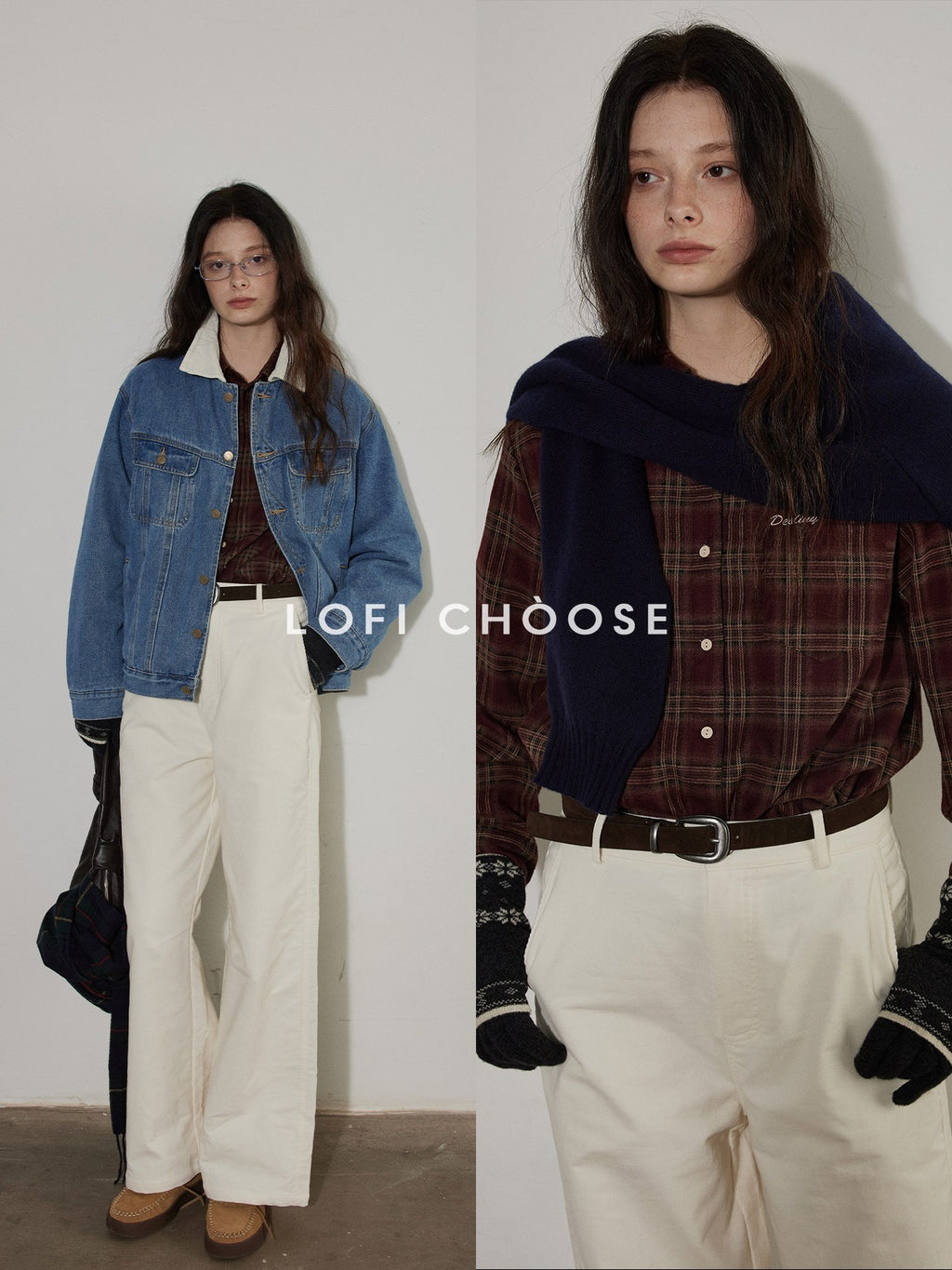 Lofi choose Brushed Cotton Vintage Loose Fit Collared Longsleeve Womens Red Plaid Shirts