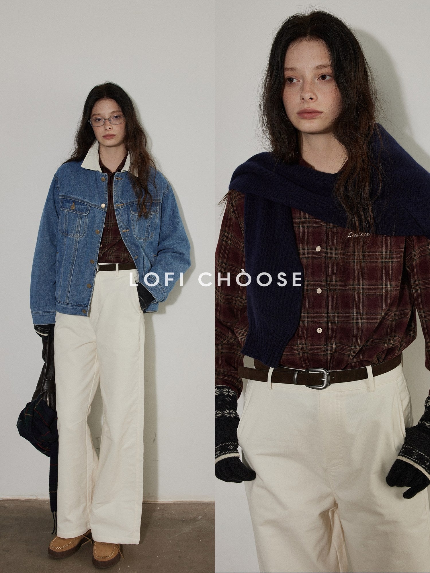 Lofi choose Brushed Cotton Vintage Loose Fit Collared Longsleeve Womens Red Plaid Shirts
