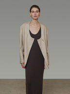 unspoken Breathable Tencel Loose Collarless No Button Minimalist Beige Women Blazers