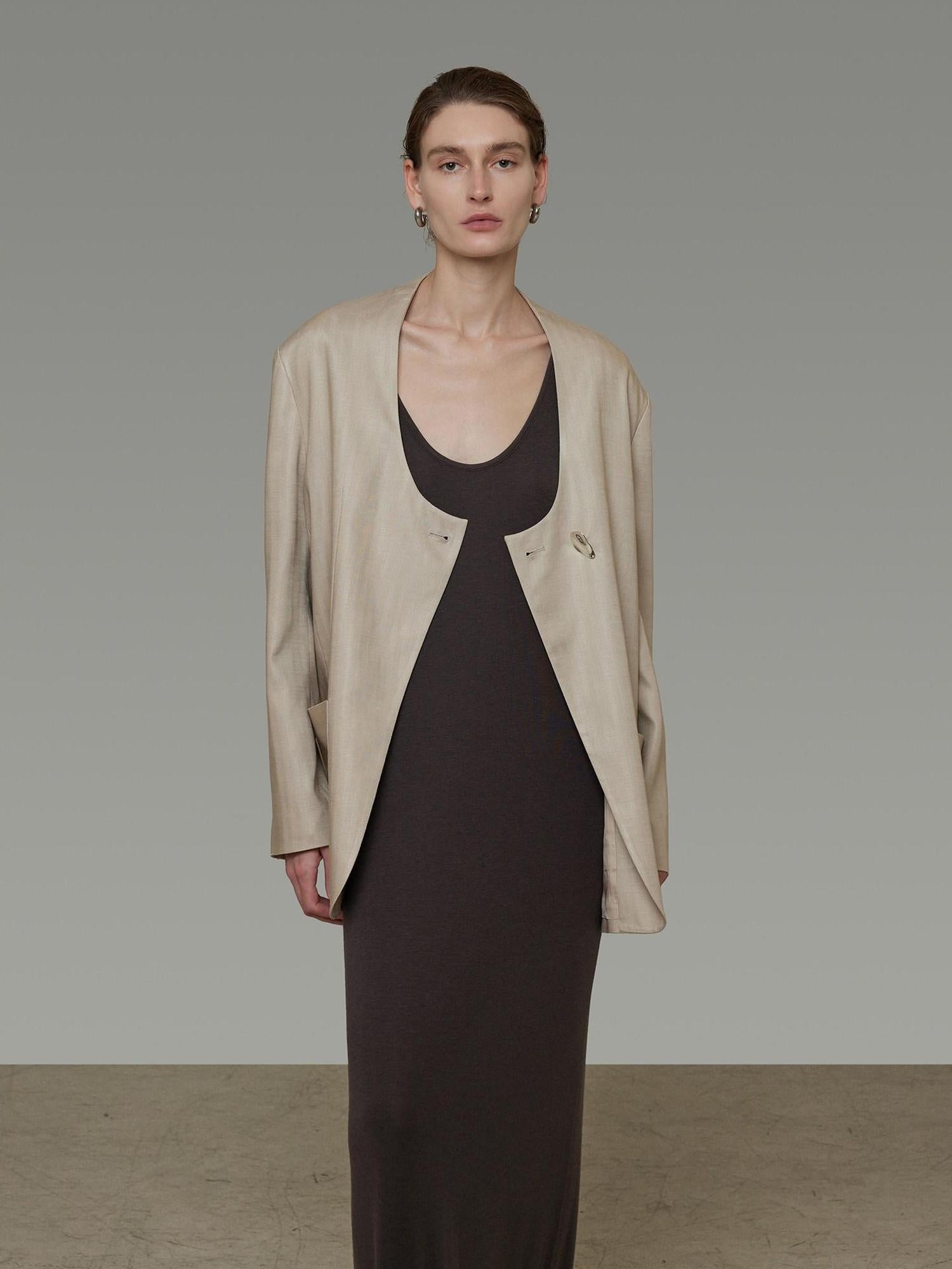 unspoken Breathable Tencel Loose Collarless No Button Minimalist Beige Women Blazers