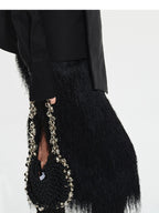 audreyyang Lined Fringed Front Slit Straight Midwaist Elastic Black Polyester Midi Skirts