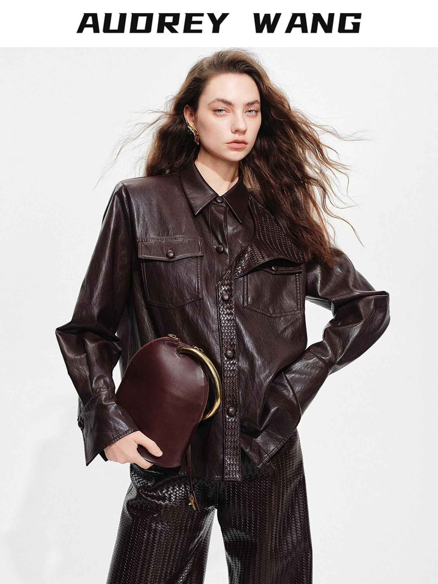 audreyyang Premium Pu Leather Lapel Long Sleeve Tailored Womens Black Wine Leather Jackets
