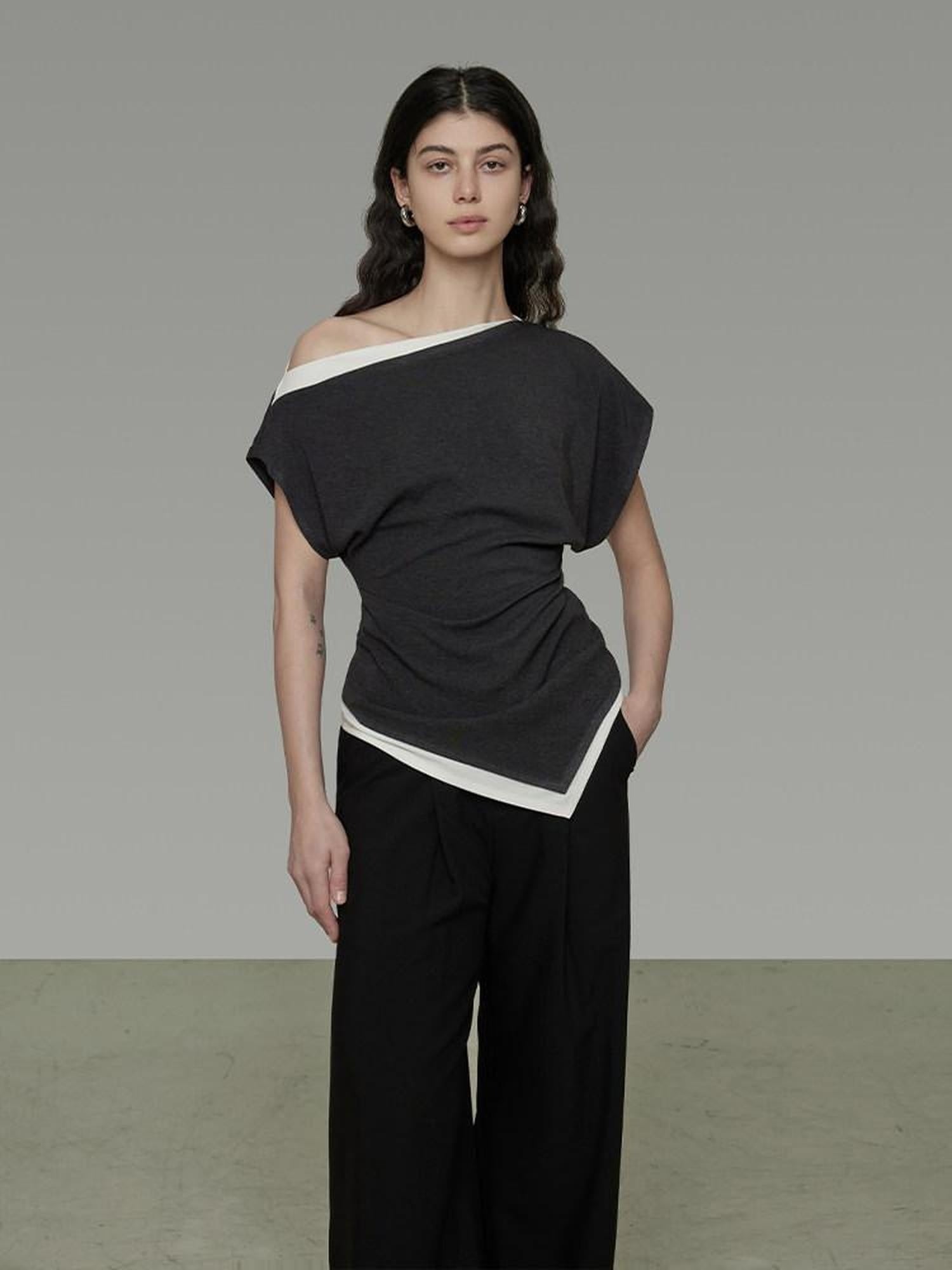 unspoken Viscose Knit Slim Minimal Women Colorblock Off Shoulder Crop Tops