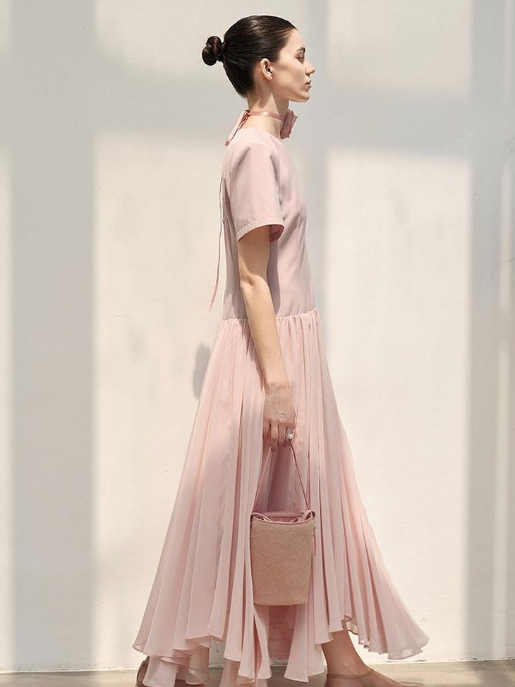 audreyyang Refined Solid V-neck Natural Waist Short Sleeve Casual Polyester Maxi Dresses