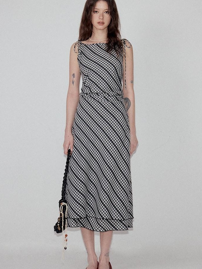 fano Plaid Waist Defining Korean Office A Line Round Neck Casual Women Maxi Dresses