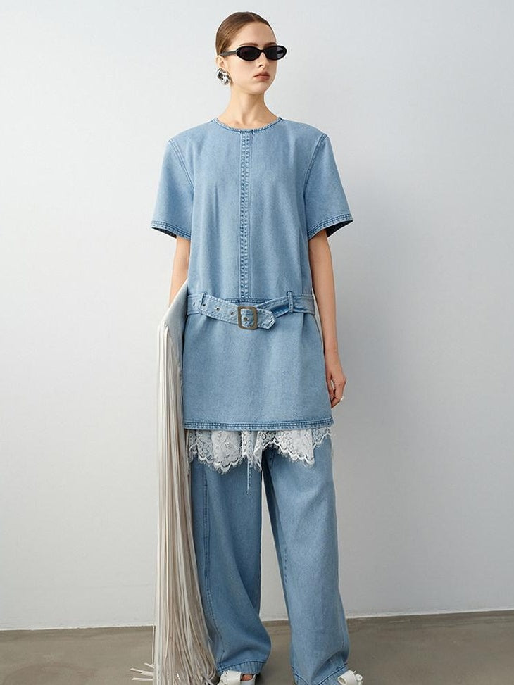audreyyang Washed Tencel Micro Stretch Straight Fit Denim Blue Casual Short Sleeve T-Shirts