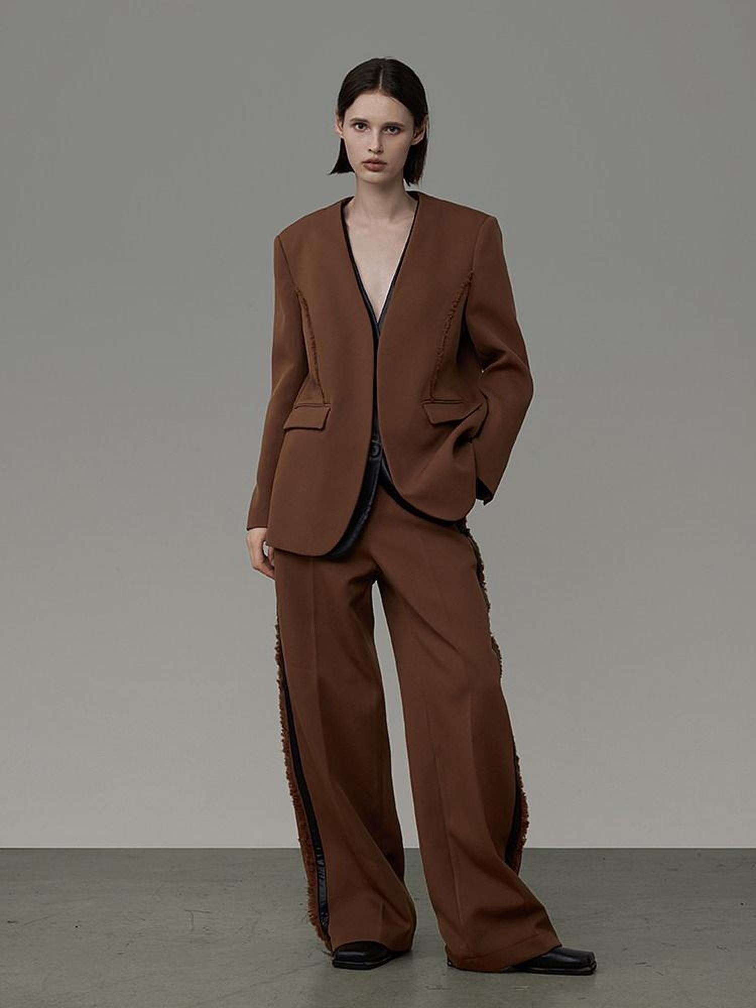 unspoken High Cotton Blend Minimalist Tailored Contrast Brown Black Women Top & Pants Sets