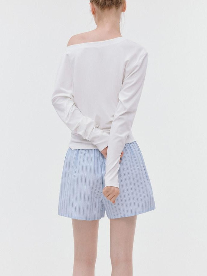 fano Elastic Waist Minimal Commuter Straight Cotton Blend Mist Blue Mid-Length Shorts