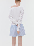 fano Elastic Waist Minimal Commuter Straight Cotton Blend Mist Blue Mid-Length Shorts