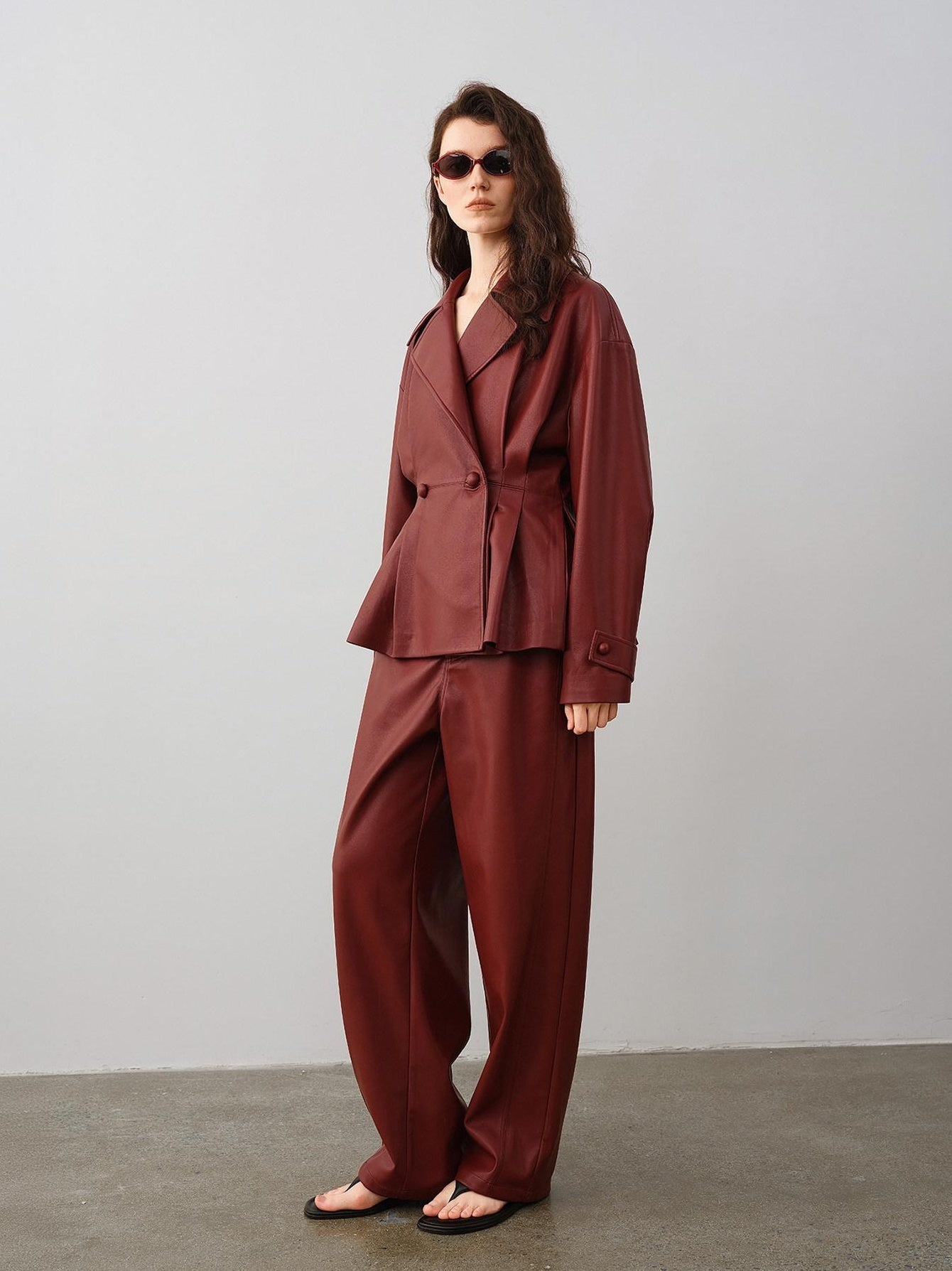 audreyyang 100 Percent Polyester Loose Fit Burgundy Women Wide Leg Pants