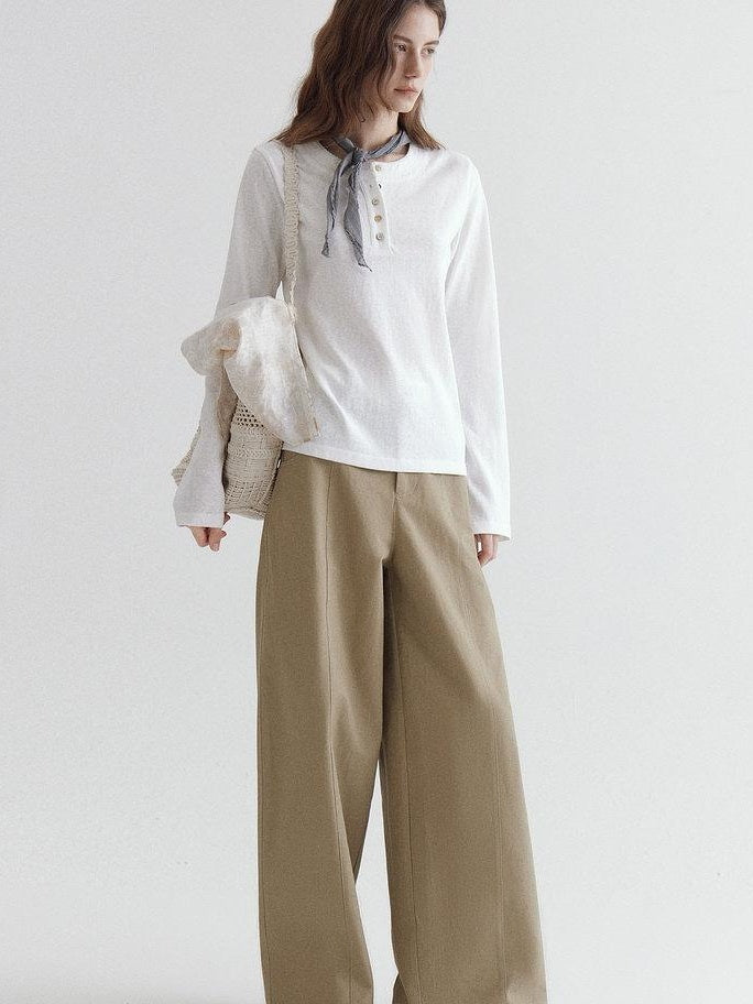 fano Soft Cotton Blend Round Neck Minimal Commuter Women White Long Sleeve T-Shirts