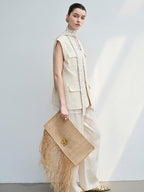 audreyyang Light Cream Linen V-neck Button Vest With Long Pants Women Top & Pants Sets