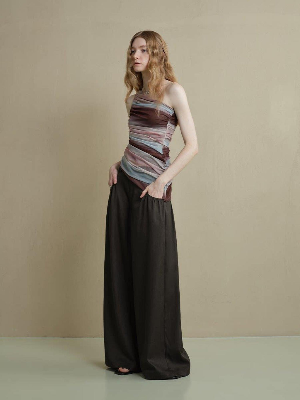 someonesometimes Comfort Minimalist Elastic Natural Waist Office Dark Brown Wide Leg Pants