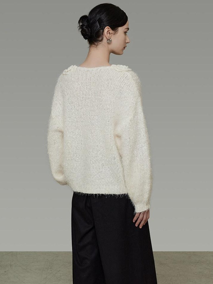 unspoken Cozy Minimal Commuter V-neck Crochet Knit Loose Women Pullover Sweaters