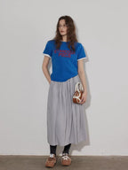 Lofi choose Relaxed Knit Button Round Neck Midlength Letter Print Blue Short Sleeve T-Shirts