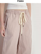fano Pink Cotton Blend Drawstring Natural Waist Loose Korean Office Wide Leg Pants