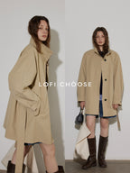 Lofi choose Office Ready Loose Fit Short Stand Collar Single Button Women Khaki Trench Coats