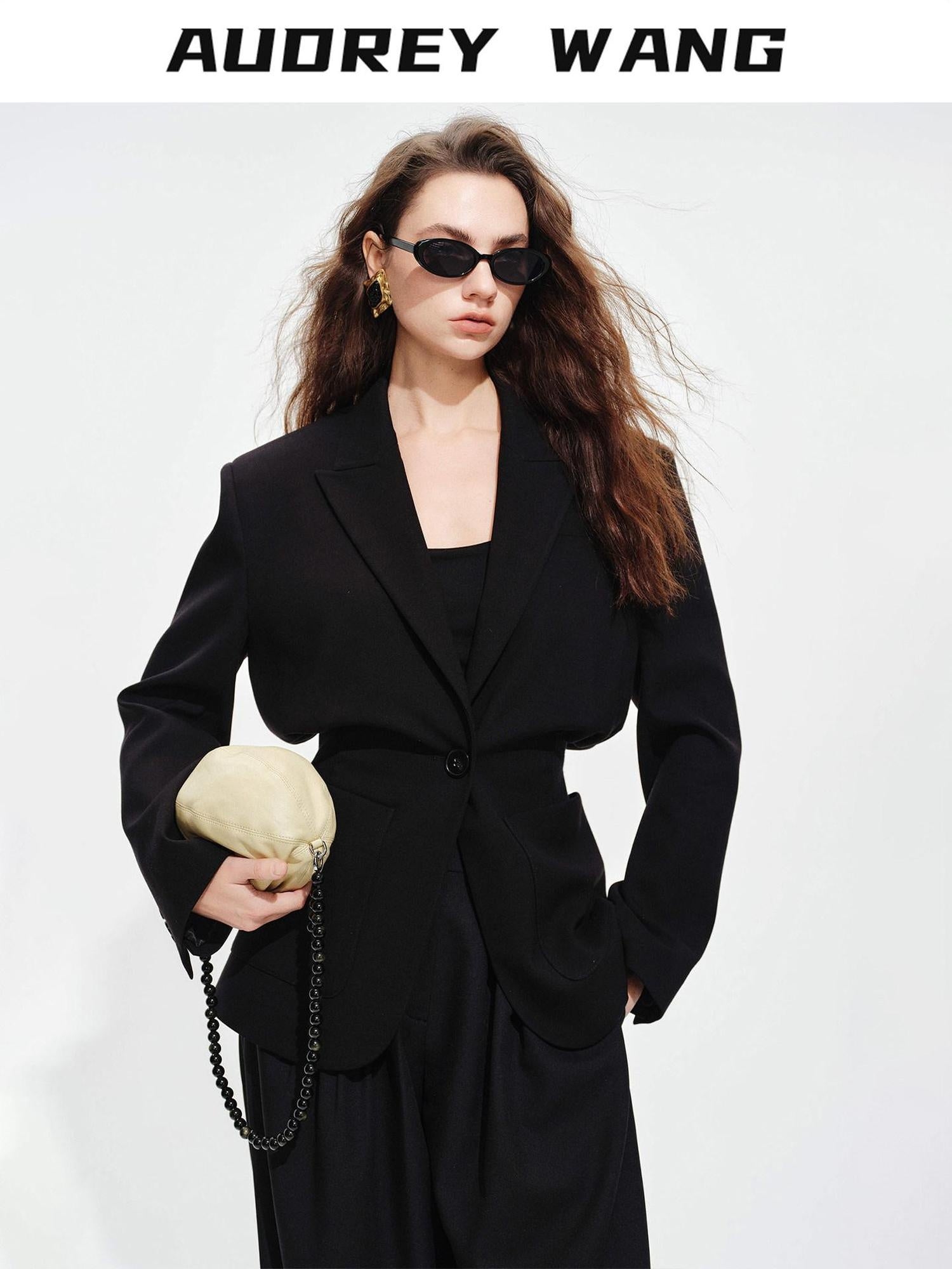 audreyyang Oversized Cinched Waist Short Notch Lapel One Button Black Polyester Blazers