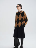 audreyyang Thick Wool Cashmere Vintage Straight Fit Brown Diamond Knit Women Sweaters