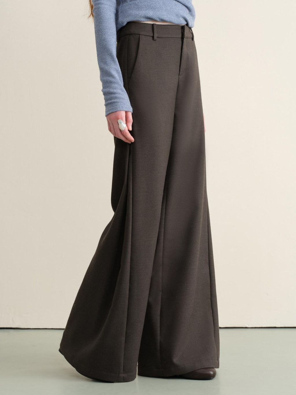 Stretch Knit Olive Gray Micro Flare Casual High Waist Women Flared Pants