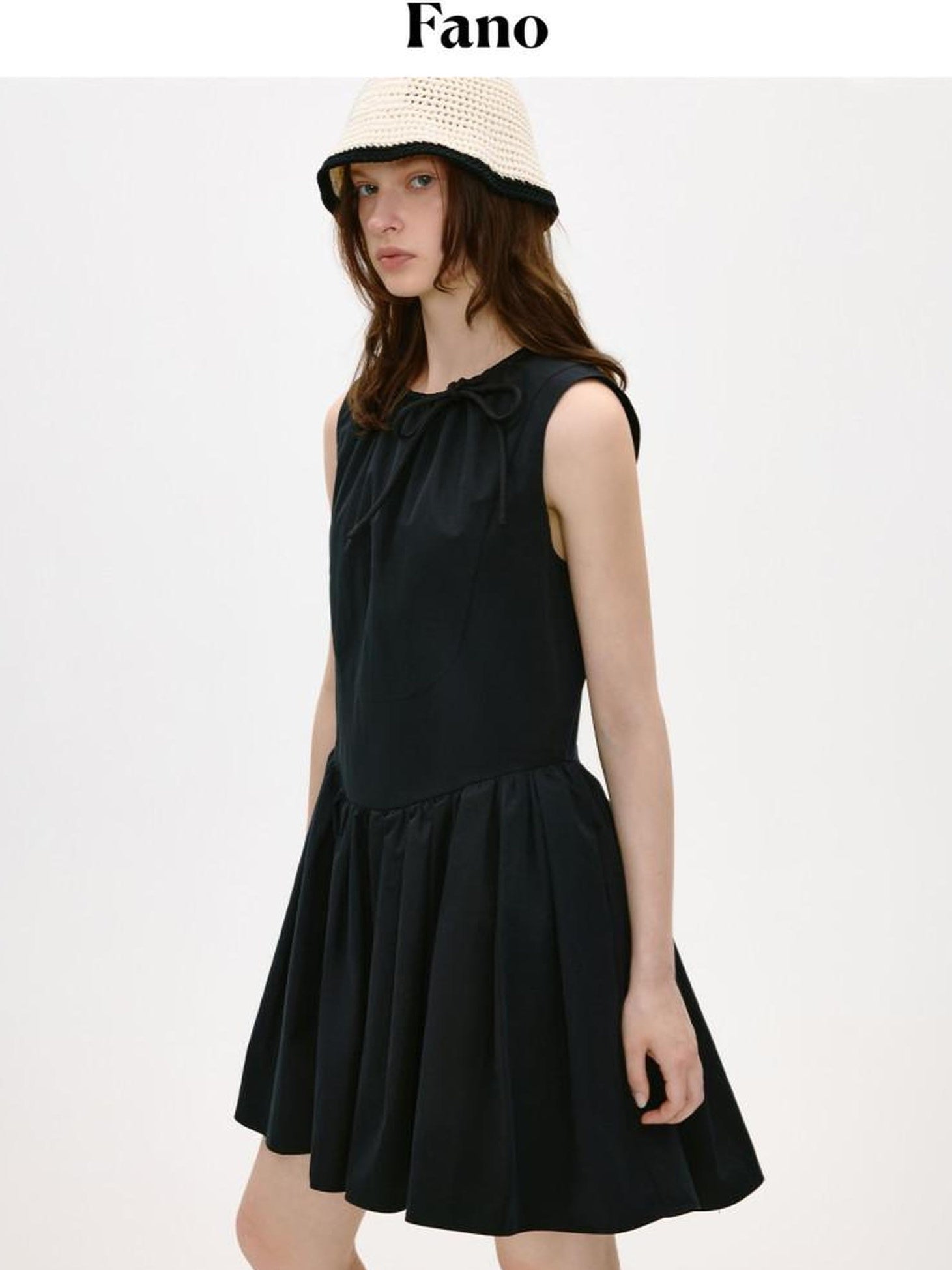 fano Sleeveless Korean Workwear A Line Natural Waist Cotton Blend Black Midi Dresses