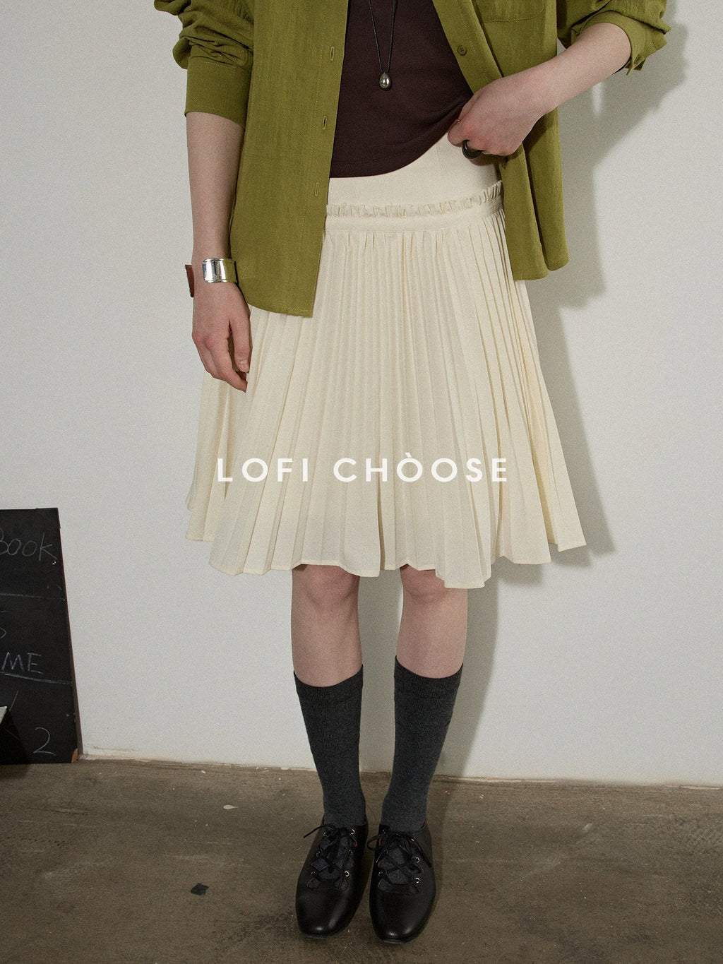 Lofi choose High Waist Pleated A Line Office Ready Women Black Ivory Polyester Mini Skirts