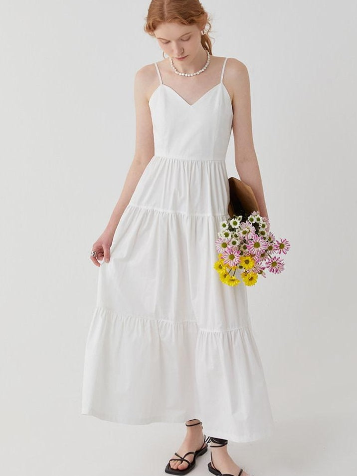 fano High Waist Pleated Minimalist V-neck Sleeveless A Line Cotton Casual Maxi Dresses