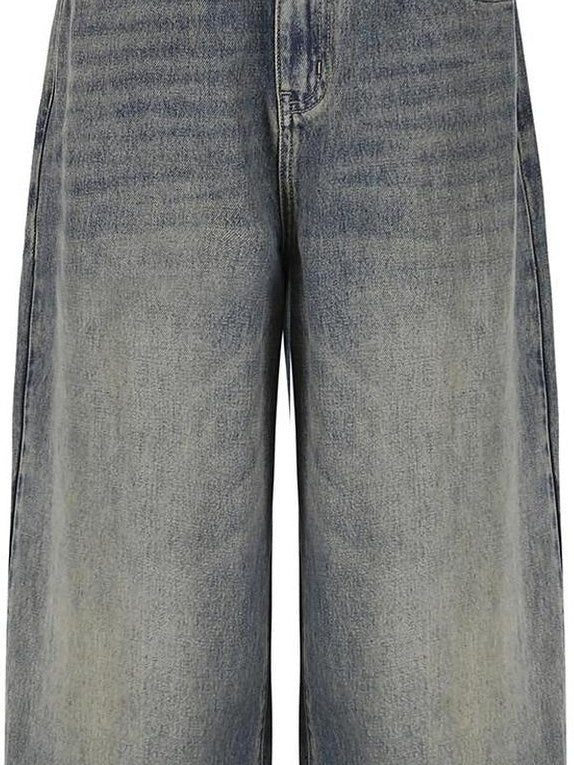 fano Breathable Cotton Distressed Natural Waist Loose Fit Blue Wide Leg Jeans