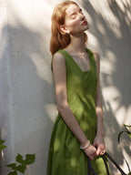 fano Cotton High Waist Pleated Minimal A Line Square Neck Women Maxi Dresses