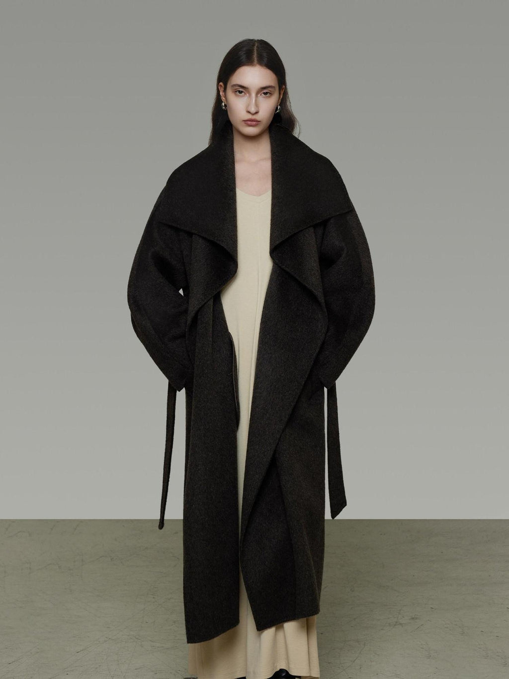 unspoken Pure Sheepswool Long Belted Lapel Loose Tailored Office Coffee Brown Wool Coats