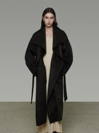 unspoken Pure Sheepswool Long Belted Lapel Loose Tailored Office Coffee Brown Wool Coats