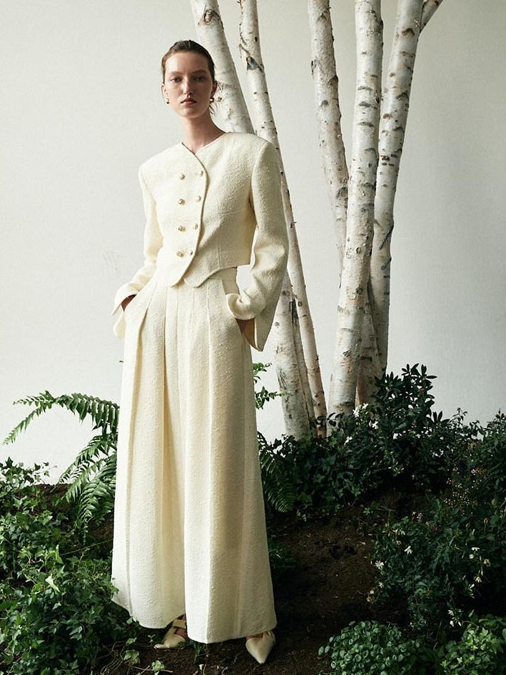 unspoken Original Design Double Breasted Cream Straight Fit Long Sleeve Top & Skirt Sets