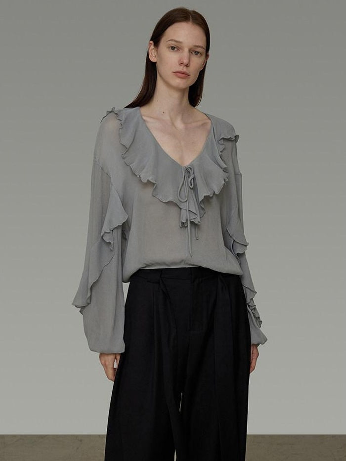 unspoken Breathable V-neck Ruffle Loose Fit Commuter Workwear Women Blue Pullover Blouses