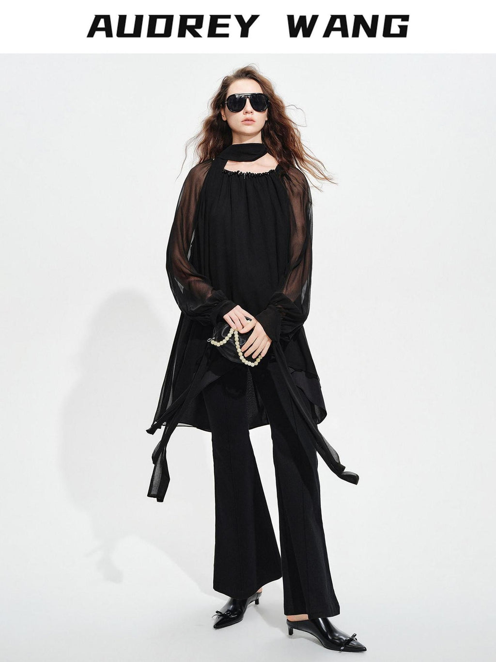 audreyyang Beaded Silk Elegant Loose Lantern Sleeve Tie Neck Black Midi Dresses