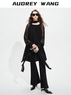 audreyyang Beaded Silk Elegant Loose Lantern Sleeve Tie Neck Black Midi Dresses