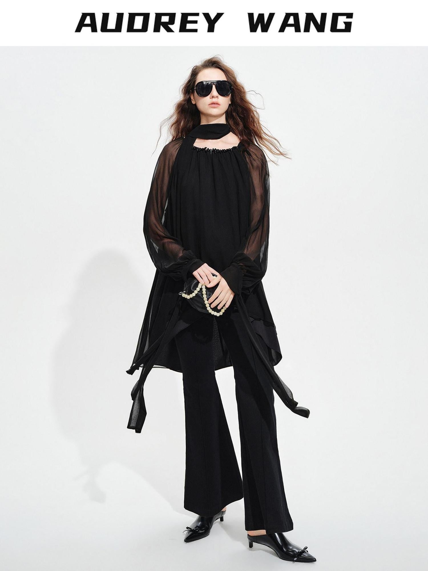 audreyyang Beaded Silk Elegant Loose Lantern Sleeve Tie Neck Black Midi Dresses