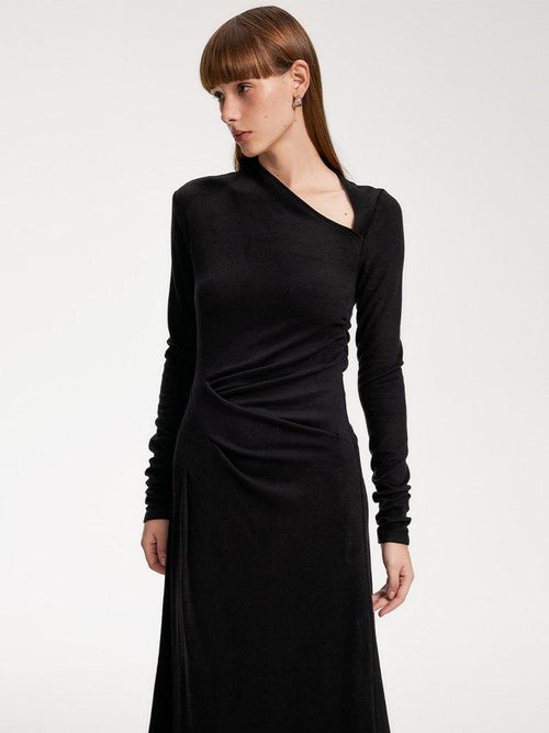 someone sometimes Elegant Long Sleeve Acrylic Blend Asymmetric Hem Women Black Maxi Dresses