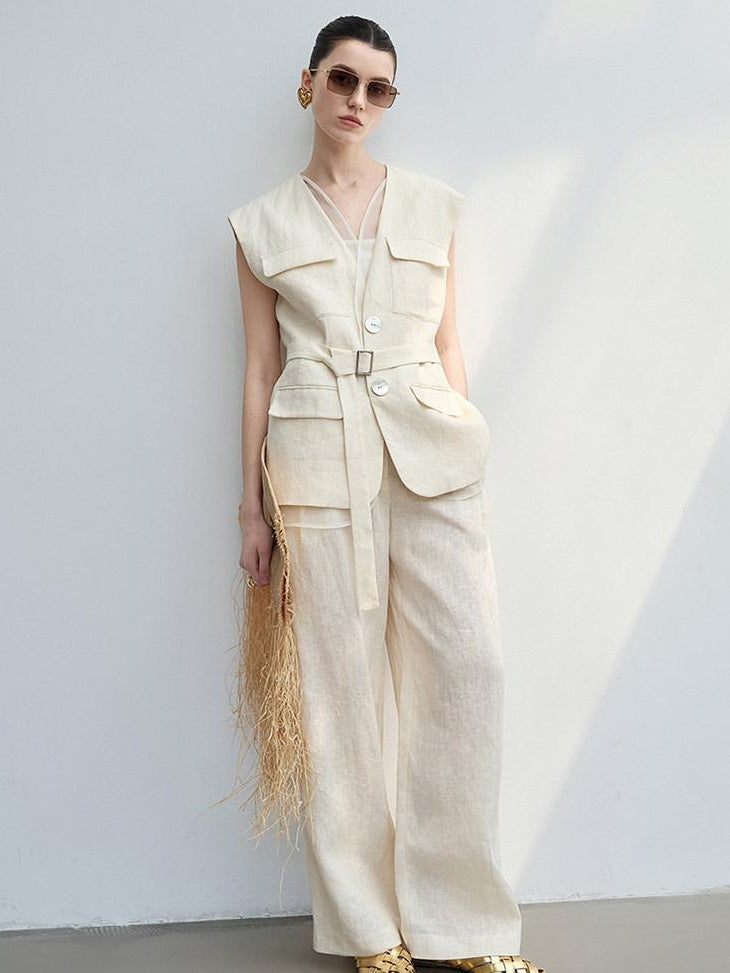 audreyyang Light Cream Linen V-neck Button Vest With Long Pants Women Top & Pants Sets