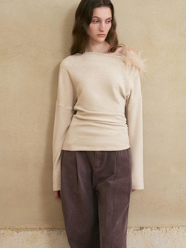 someonesometimes 3D Embellished Asymmetrical Neck Slim Crop Knit Wool Blend Sweaters