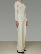 unspoken Breathable High Waist Button Detail Minimal Womens Office White Wide Leg Pants