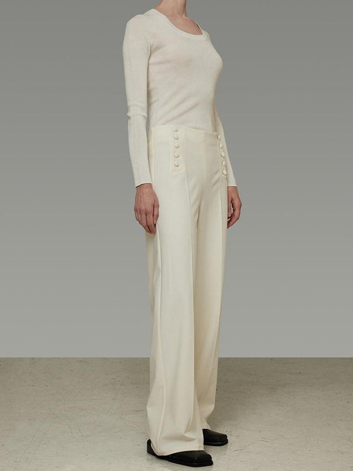 unspoken Breathable High Waist Button Detail Minimal Womens Office White Wide Leg Pants