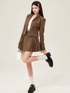 ikyou Tassel Button Slim Fit Square Neck Long Sleeve Work Gray Brown Top & Skirt Sets