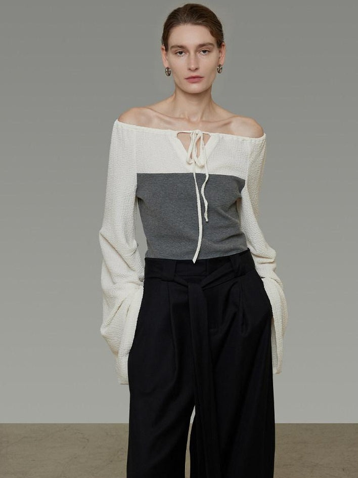 unspoken Breathable Cotton Contrast V-neck Loose Longsleeve Tie Front Women Blouses