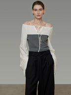 unspoken Breathable Cotton Contrast V-neck Loose Longsleeve Tie Front Women Blouses