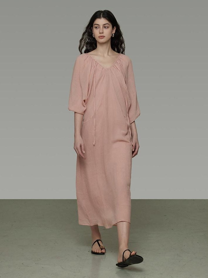 unspoken Breathable Linen Lyocell Blend Minimal A Line V-neck Pleated Women Maxi Dresses