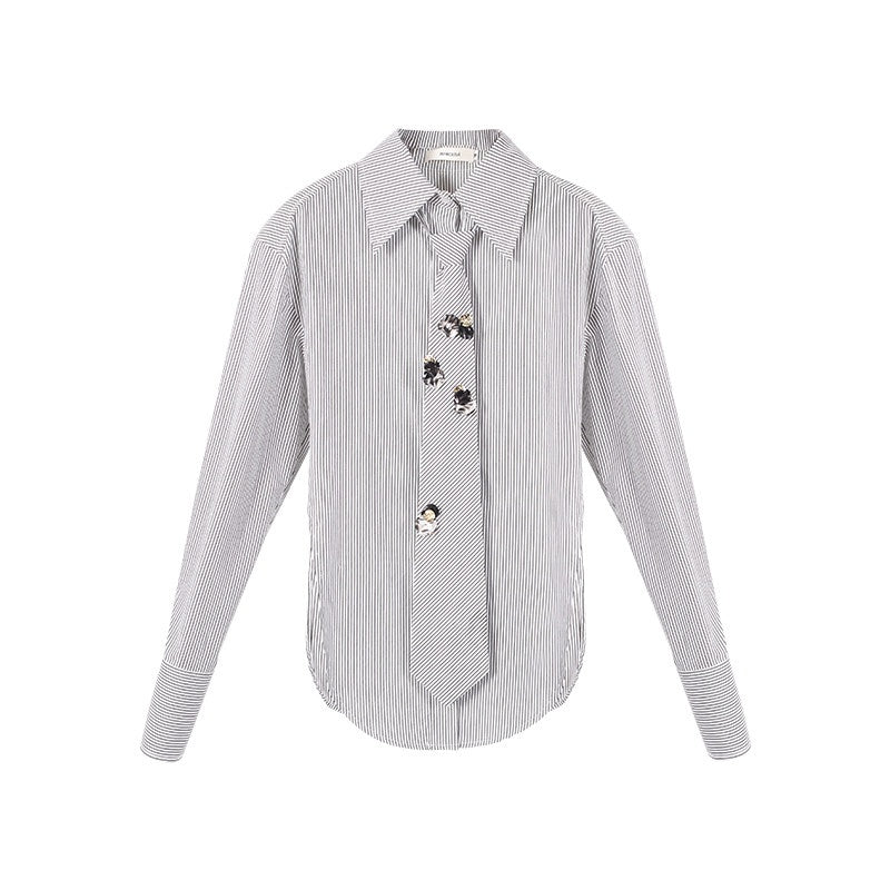 audreyyang_Original_Design_Relaxed_Tie_Neck_Collared_Tencel_Cotton_Striped_Blouses_MISSTT