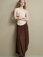 someone sometimes Soft Viscose Blend Slim Fit One Shoulder Beige Stretch Ruching Tank Tops