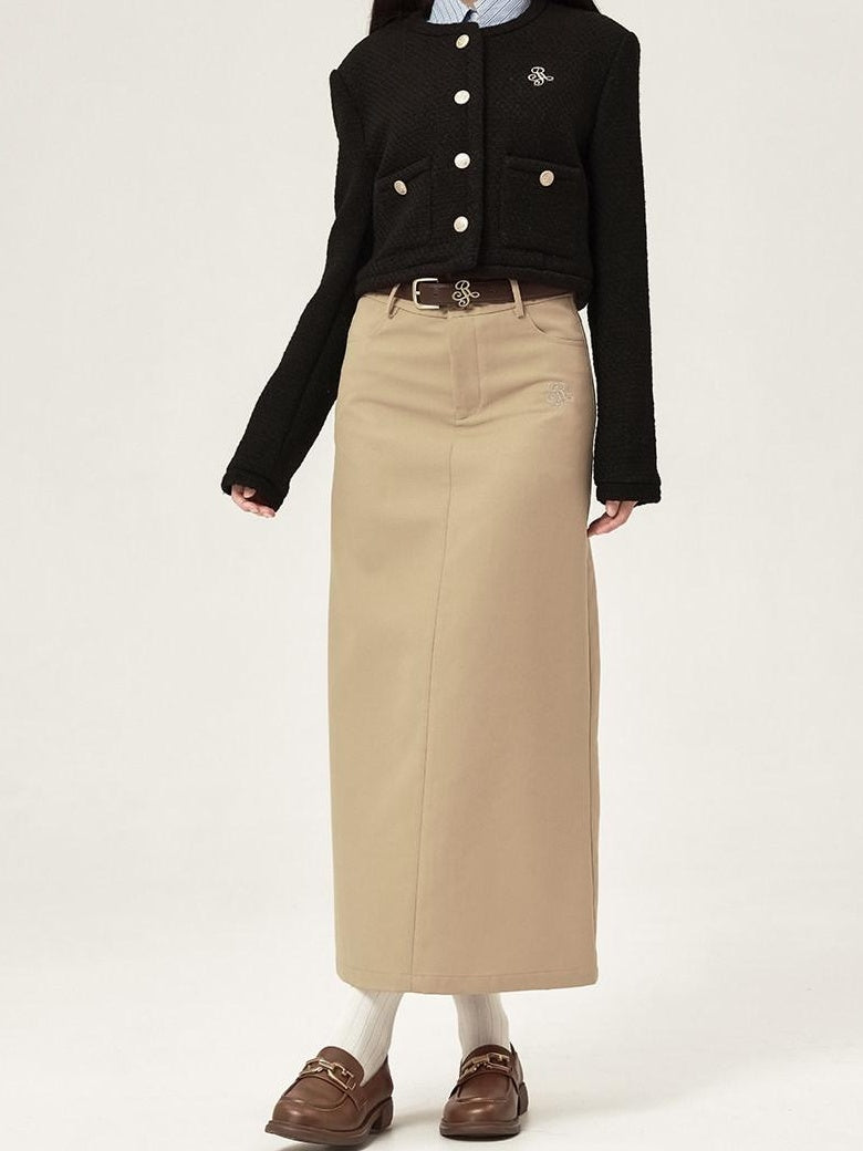 ikyou High Waist Embroidered A Line Minimal Office Midi Khaki Black Maxi Skirts