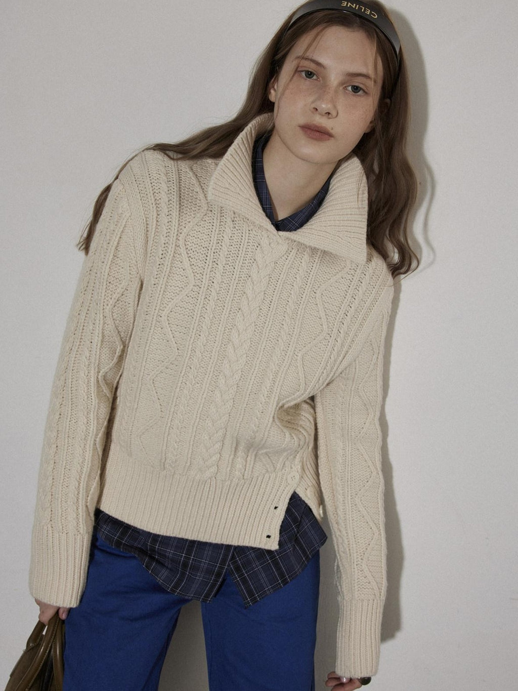 Lofi choose Cozy Pullover Relaxed Fit Commuter Office Knit Long Sleeve Beige Navy Sweaters